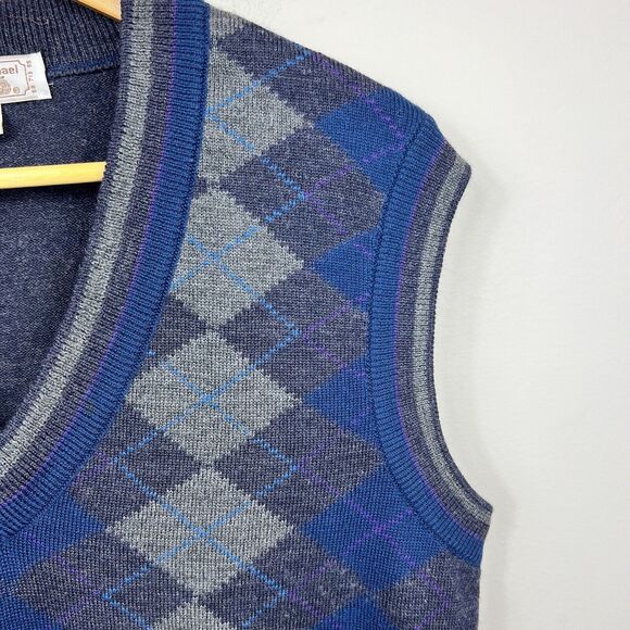 Tricots St. Raphael Blue Gray Argyle Virgin Wool Sweater Vest Large Knit - Picture 4 of 9
